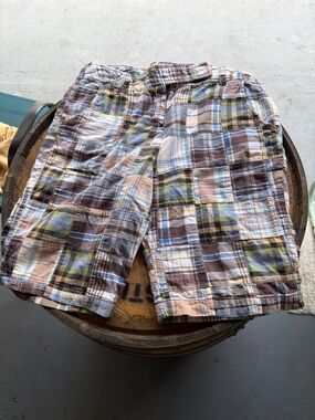 Larry Levine Patchwork Plaid Bermuda Shorts - Brown, Blue, Green, Tan